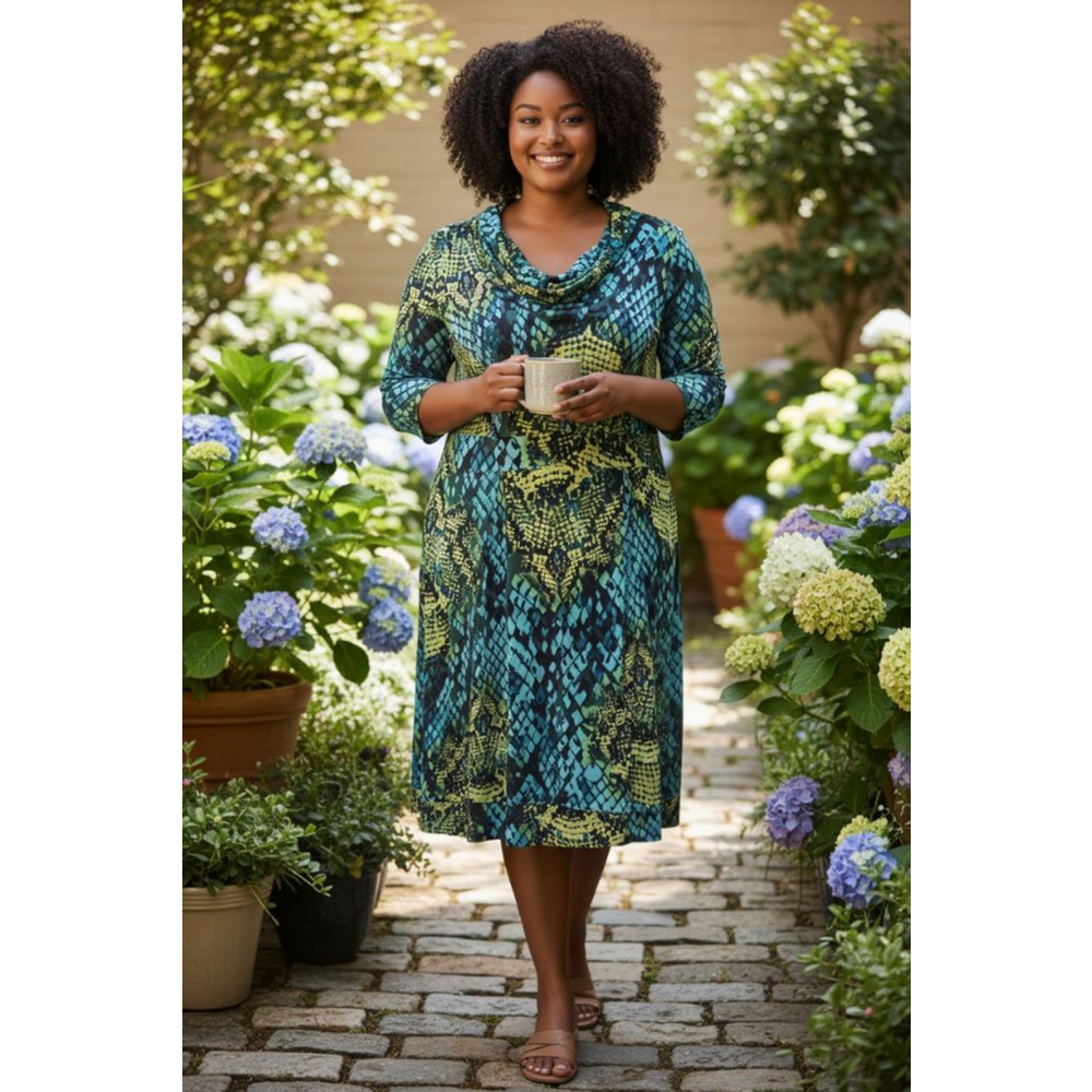 AGB DRESS Teal Yellow Snake Print Long Sleeve Dress 16W